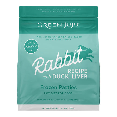 Green Juju Rabbit Recipe with Duck Liver Frozen Patties & Sliders Raw Diet for Dogs